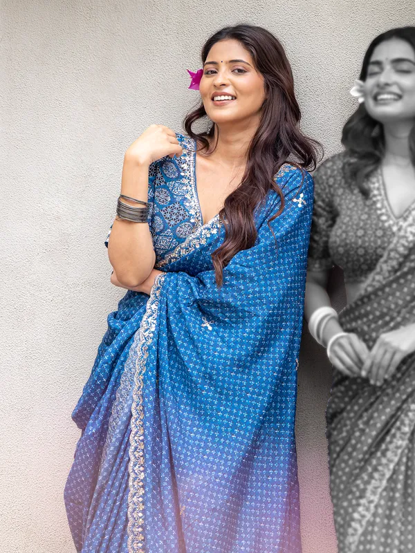 Blue printed cotton silk saree with readymade blouse