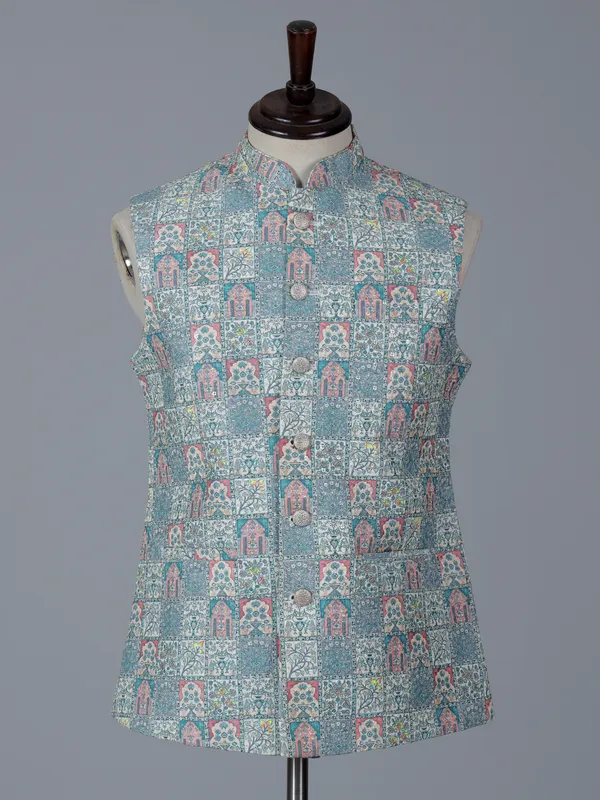 Blue printed cotton silk waistcoat for wedding