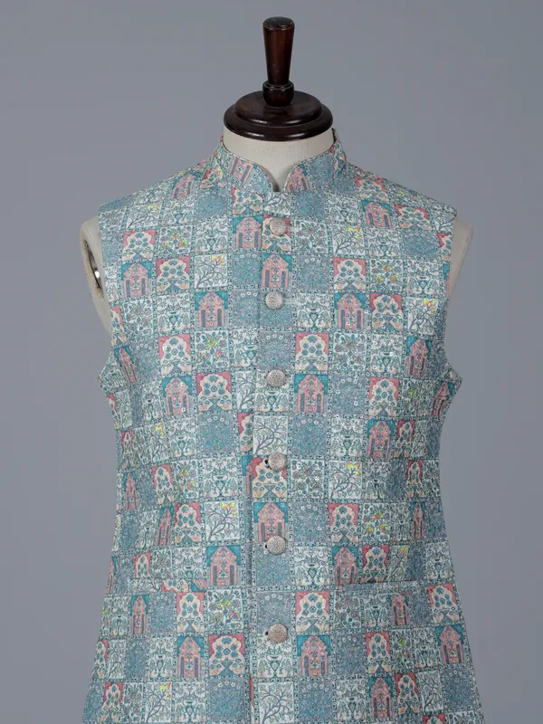 Blue printed cotton silk waistcoat for wedding