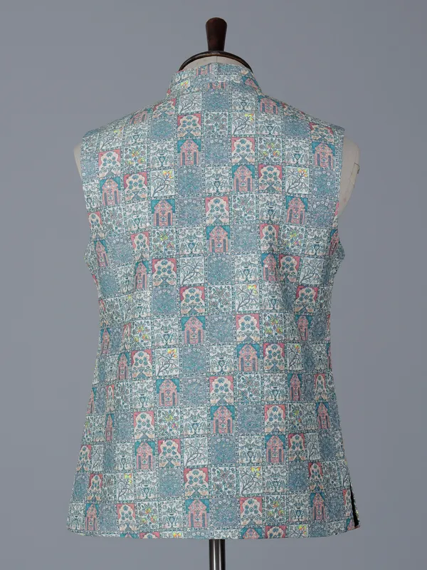 Blue printed cotton silk waistcoat for wedding