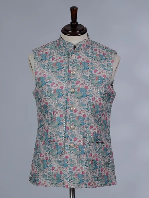 Blue printed cotton silk waistcoat with thread and sequins