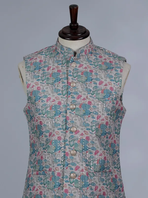Blue printed cotton silk waistcoat with thread and sequins