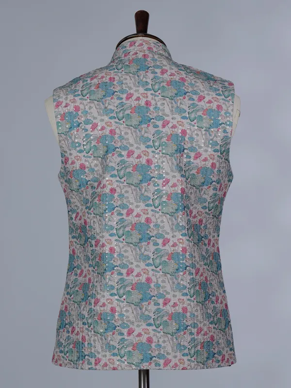 Blue printed cotton silk waistcoat with thread and sequins