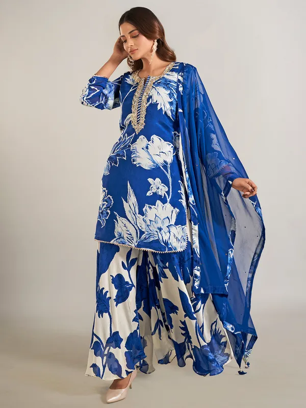 Blue printed crepe silk palazzo suit for festive