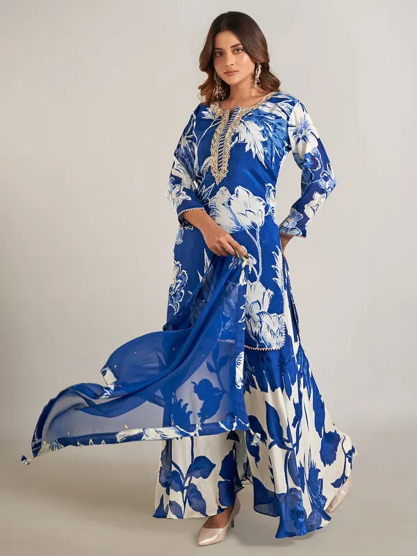 Blue printed crepe silk palazzo suit for festive