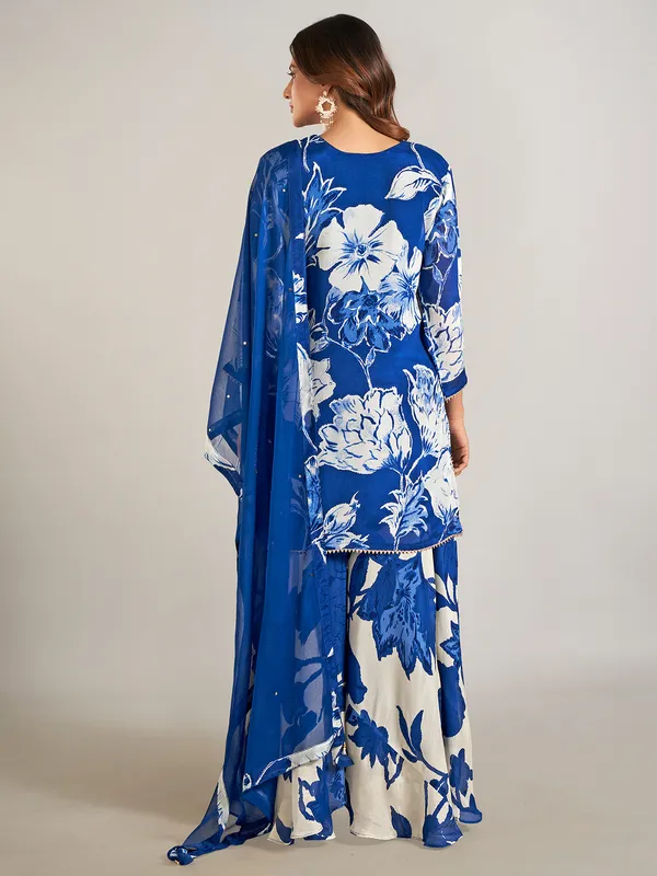 Blue printed crepe silk palazzo suit for festive