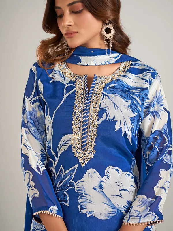 Blue printed crepe silk palazzo suit for festive
