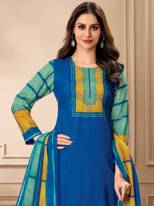 Blue printed dola silk salwar suit