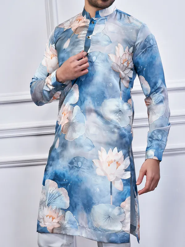 Blue printed ethnic wear for men