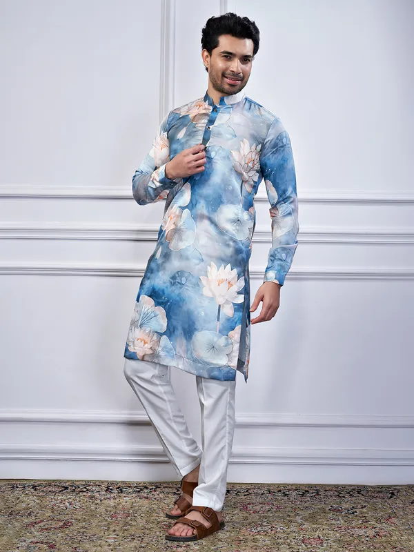 Blue printed ethnic wear for men