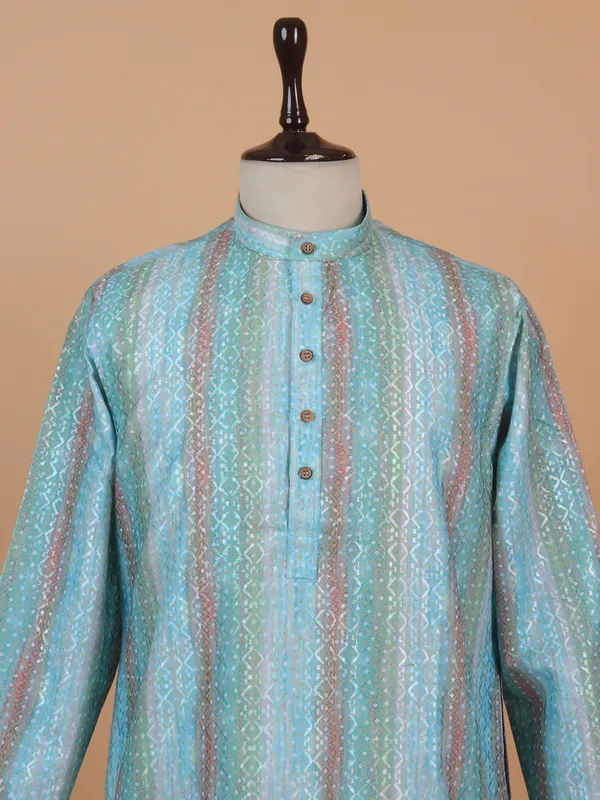 Blue printed festive kurta suit for men