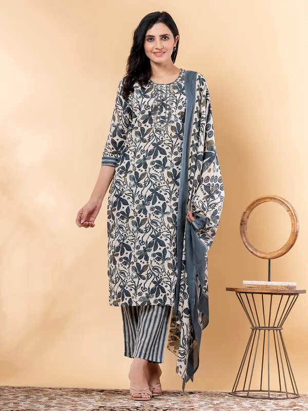 Blue printed festive wear cotton silk kurti set