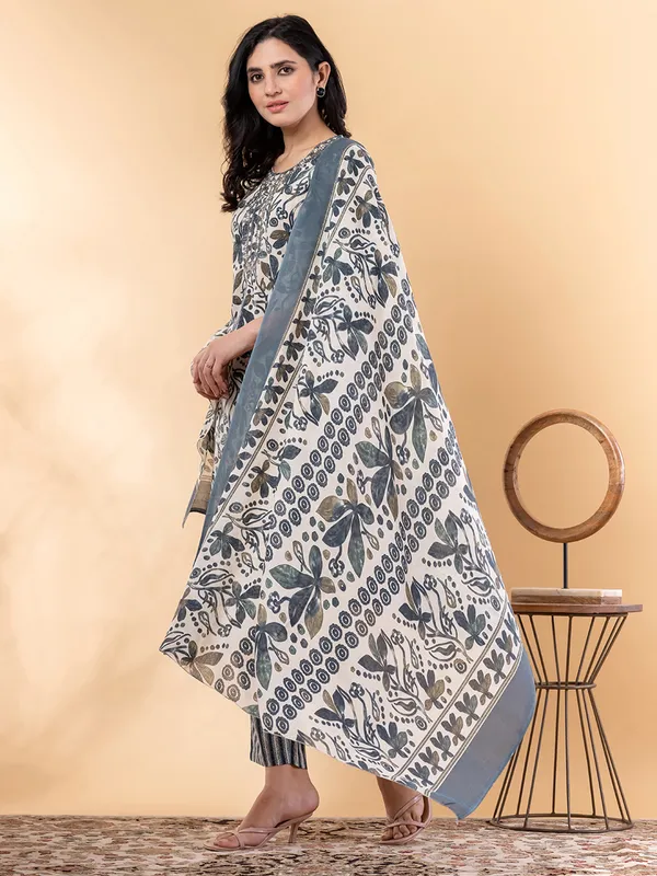 Blue printed festive wear cotton silk kurti set
