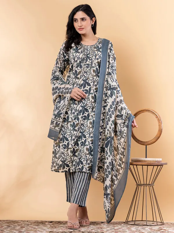 Blue printed festive wear cotton silk kurti set