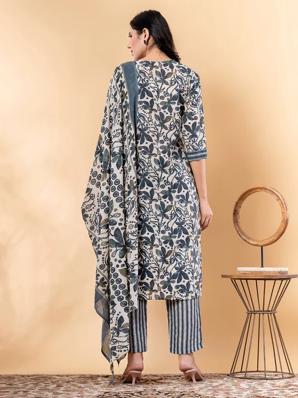Blue printed festive wear cotton silk kurti set