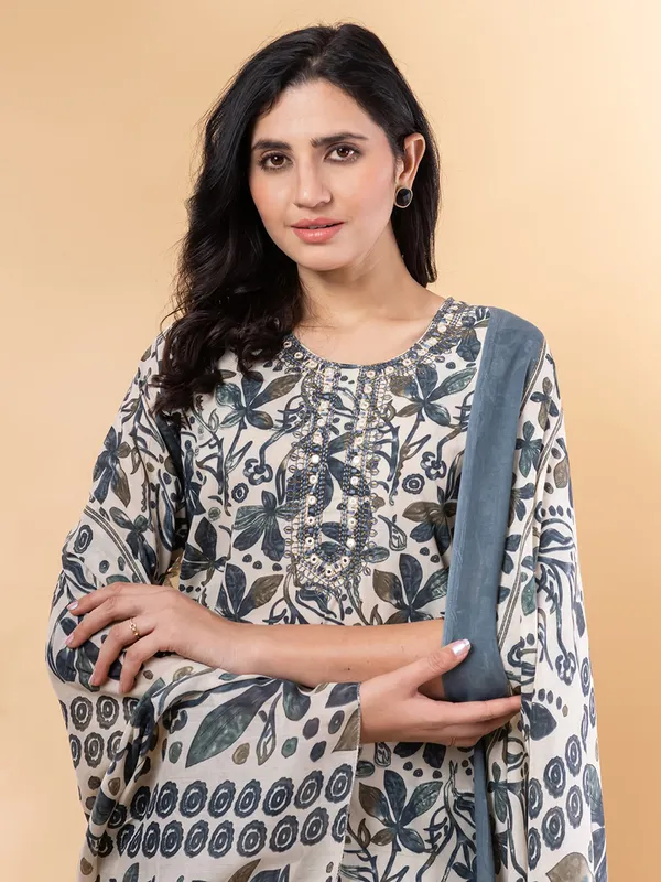 Blue printed festive wear cotton silk kurti set