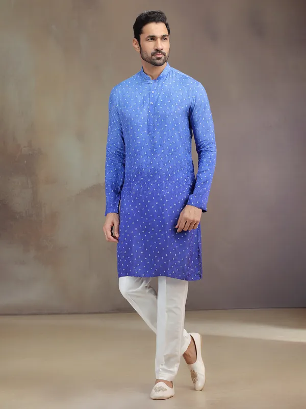 Blue printed festive wear kurta suit in soft silk