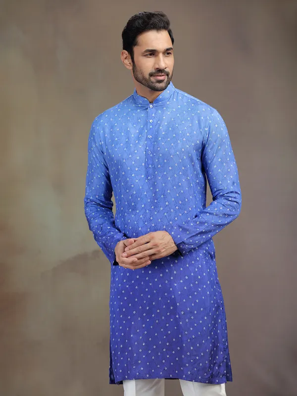 Blue printed festive wear kurta suit in soft silk