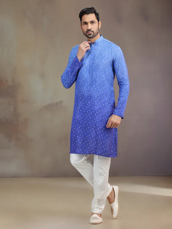 Blue printed festive wear kurta suit in soft silk