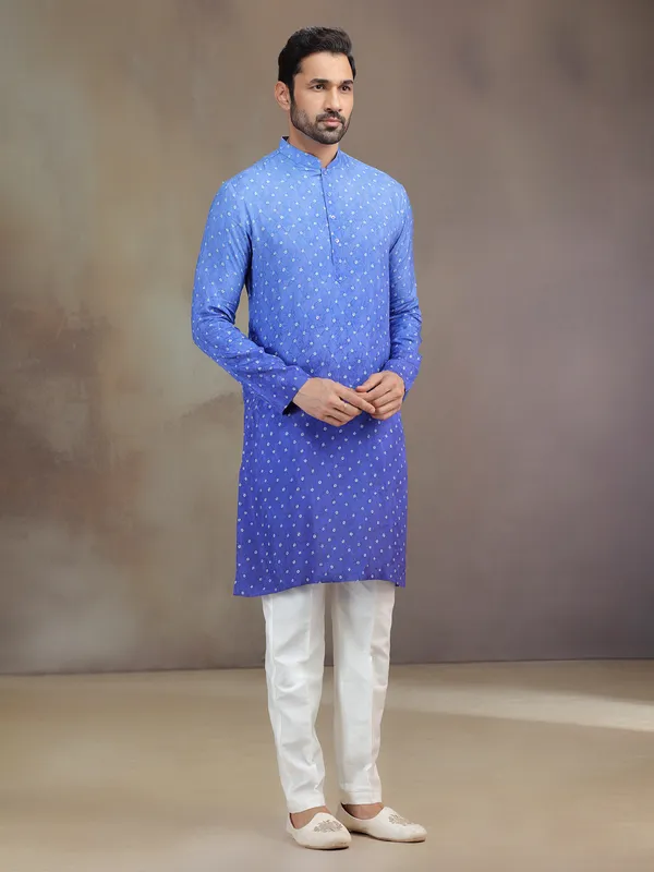 Blue printed festive wear kurta suit in soft silk