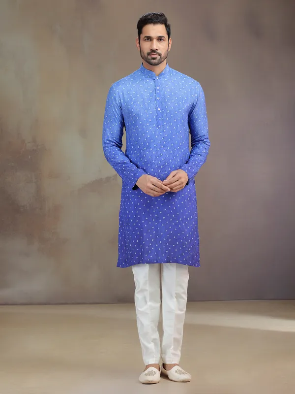 Blue printed festive wear kurta suit in soft silk