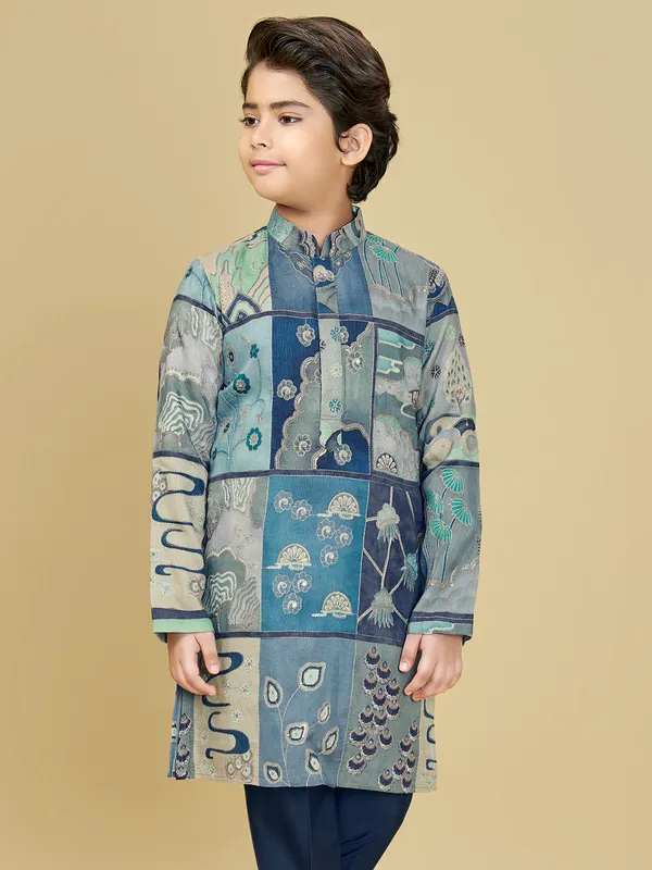Blue printed festive wear kurta suit with resham shine