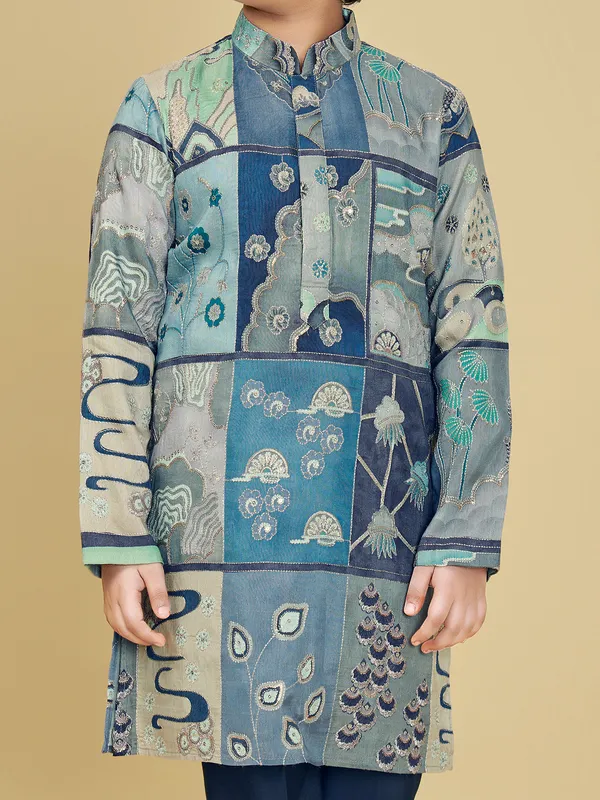 Blue printed festive wear kurta suit with resham shine