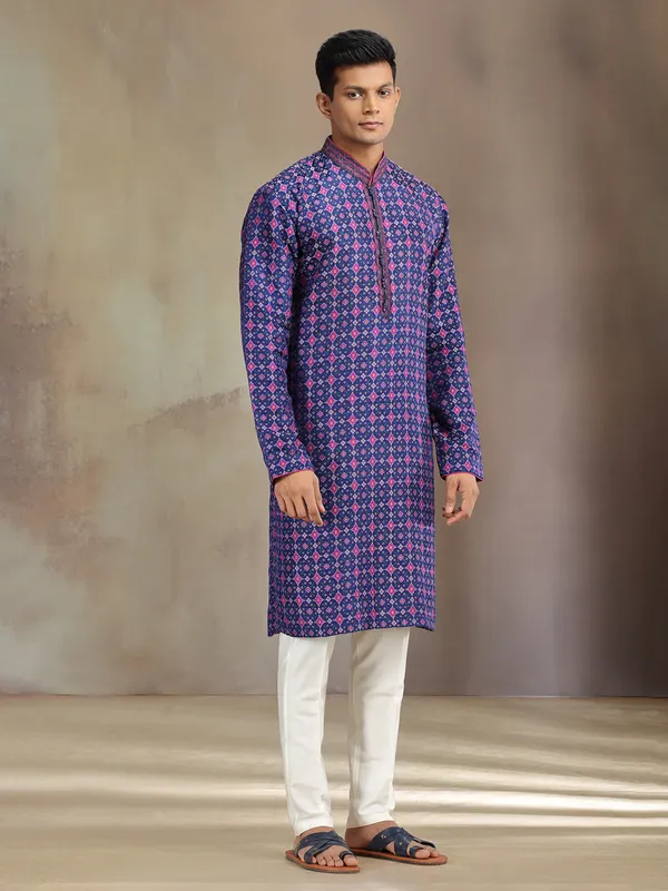 Blue printed festive wear patola silk kurta pajama