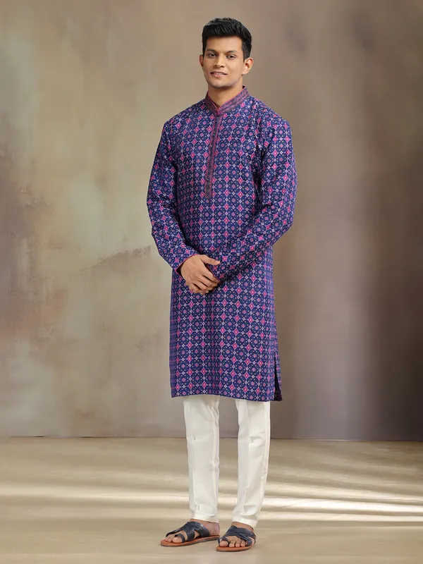 Blue printed festive wear patola silk kurta pajama
