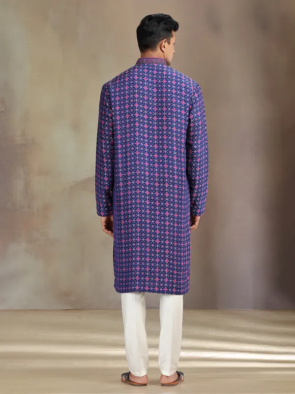 Blue printed festive wear patola silk kurta pajama