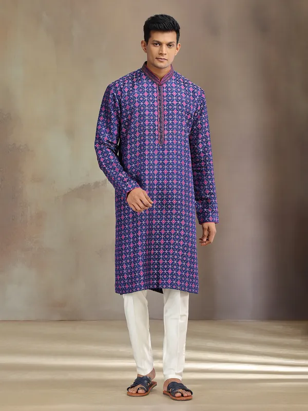 Blue printed festive wear patola silk kurta pajama