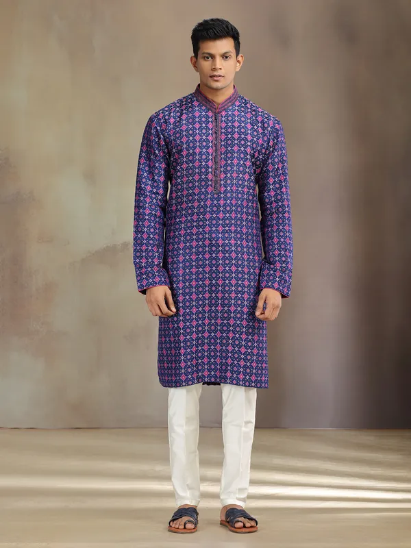 Blue printed festive wear patola silk kurta pajama