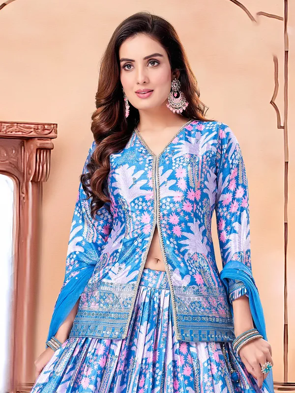 Blue printed indowestern style lehenga suit