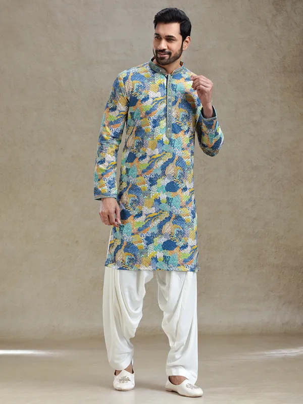 Blue printed kurta salwar set in textured embroidery