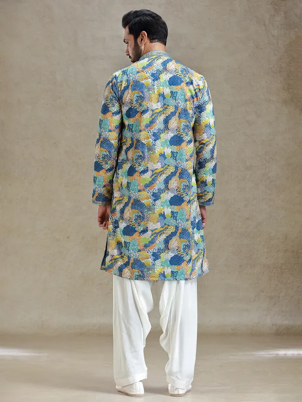 Blue printed kurta salwar set in textured embroidery