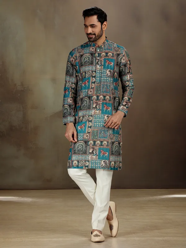 Blue printed kurta set for festive mood
