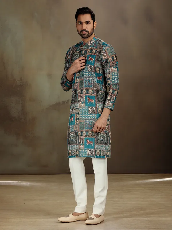 Blue printed kurta set for festive mood