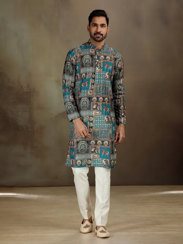 Blue printed kurta set for festive mood