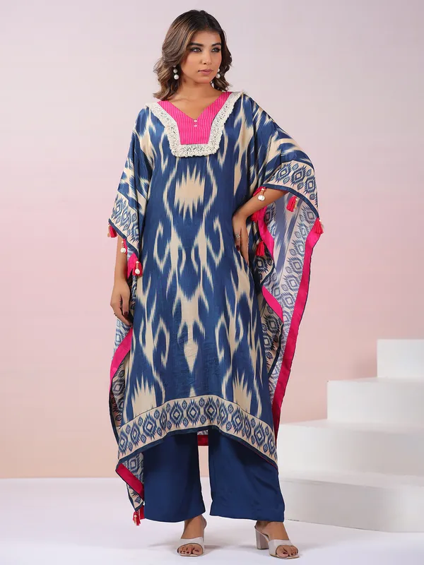 Blue printed kurti set for women in silk
