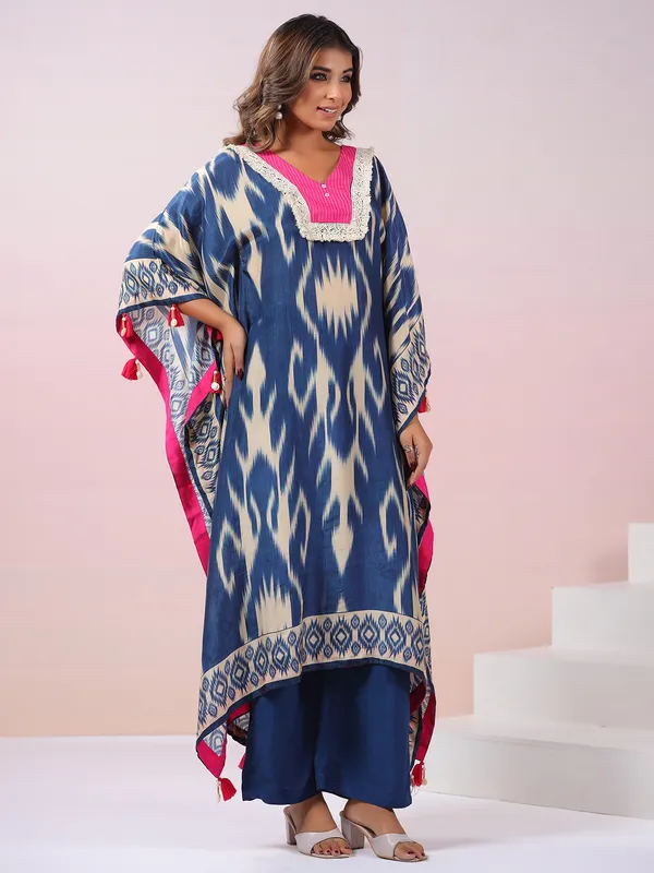 Blue printed kurti set for women in silk