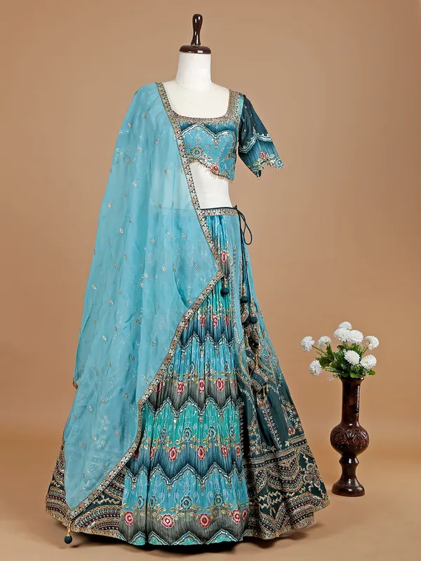Blue printed lehenga choli in silk for wedding