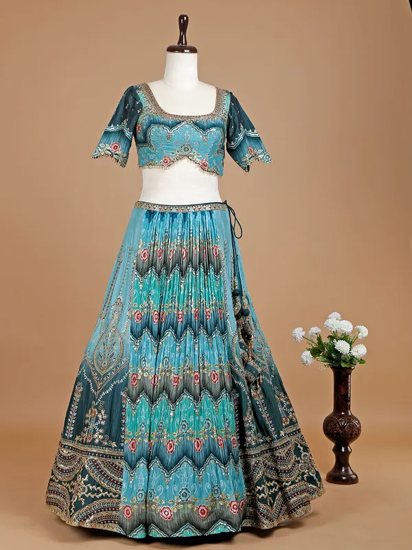 Blue printed lehenga choli in silk for wedding