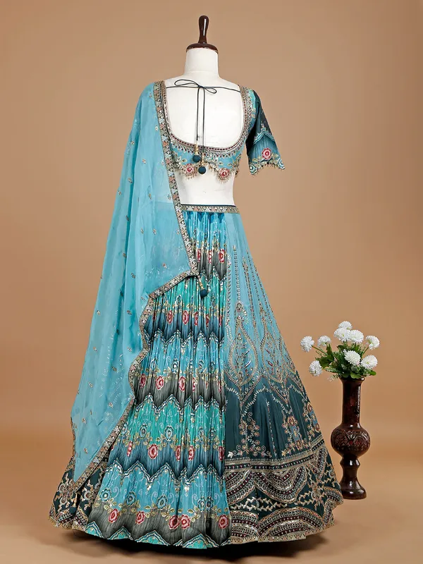 Blue printed lehenga choli in silk for wedding