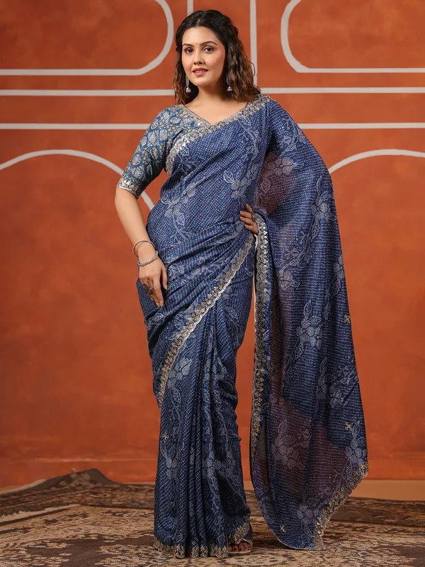 Blue printed muslin saree for women
