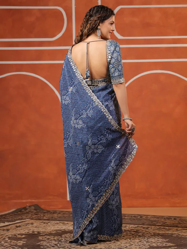 Blue printed muslin saree for women