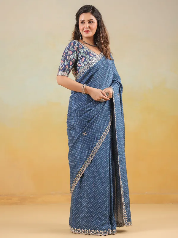 Blue printed muslin saree with ready made blouse