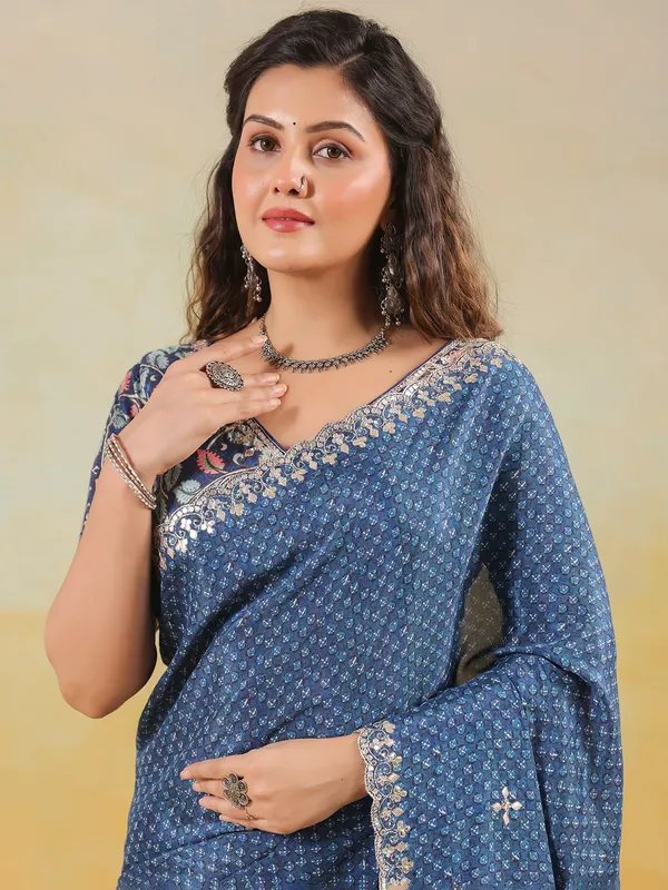 Blue printed muslin saree with ready made blouse