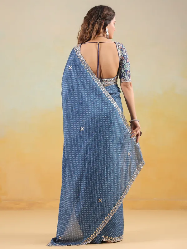 Blue printed muslin saree with ready made blouse