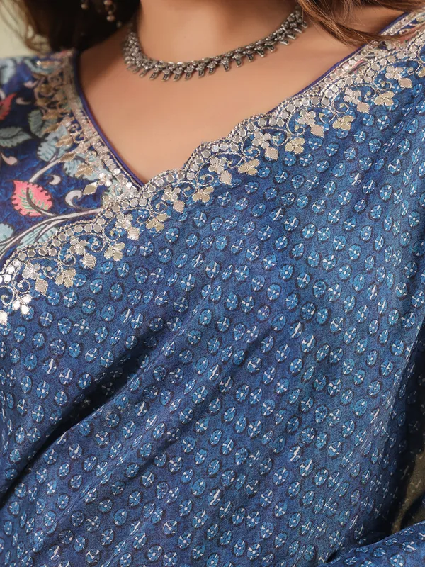 Blue printed muslin saree with ready made blouse