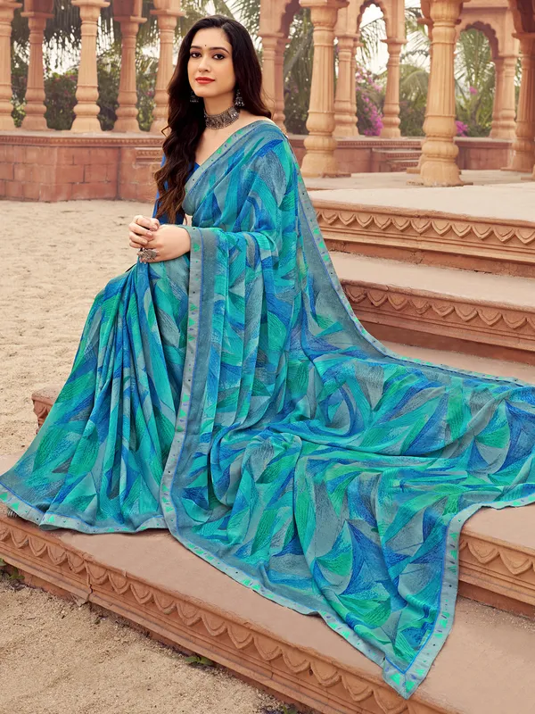 Blue printed saree in chiffon